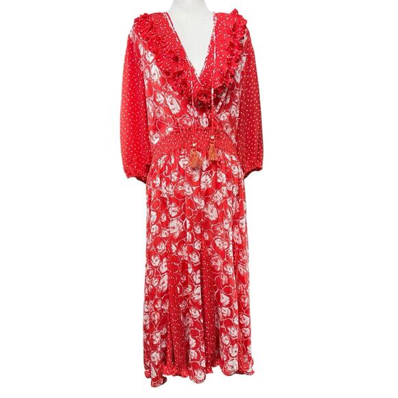 Diane Freis Georgette Midi Dress Size Large Pleated Floral Red Ruffles VTG 80s - Picture 1 of 10